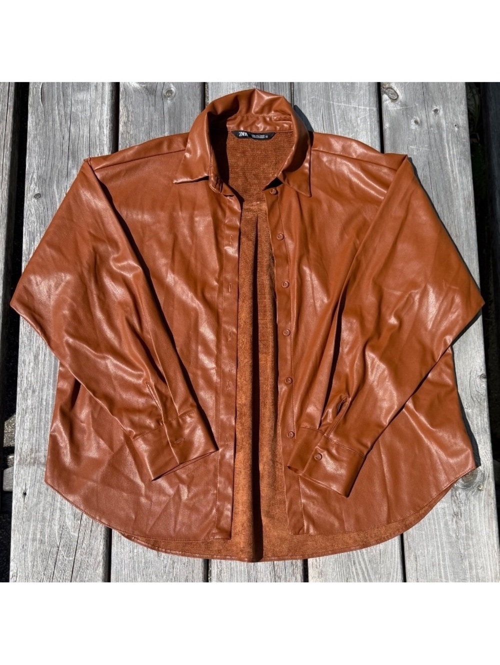 Zara Faux Leather Overshirt Women’s Brown Button Up Shacket Jacket Oversized